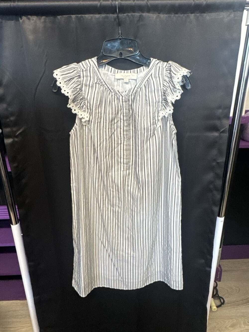 LOFT Striped Eyelet Ruffle Sleeve Dress Size XS